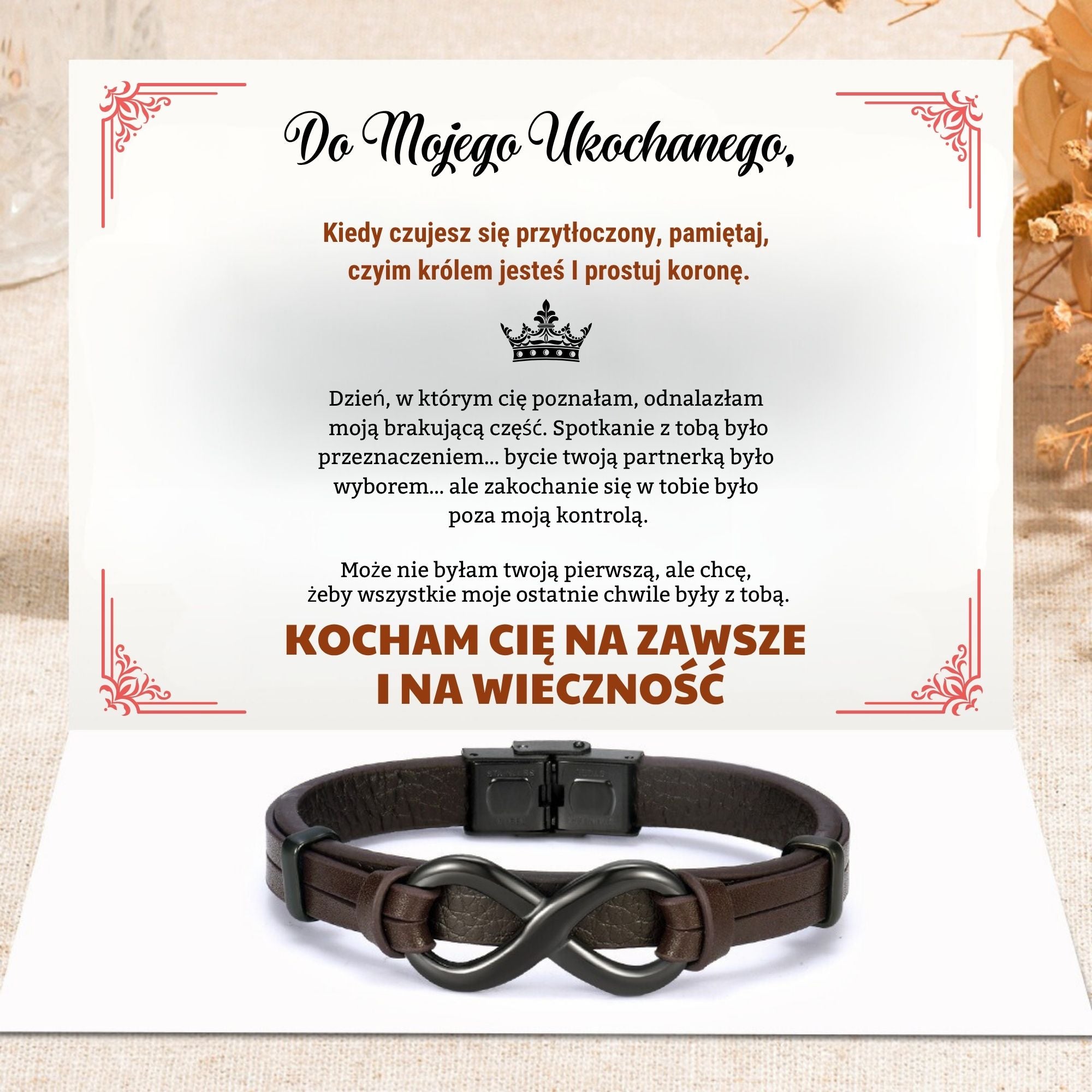 Do Mojego Ukochanego – Kocham Cię; Na Zawsze – Skórzana Bransoletka Infinity