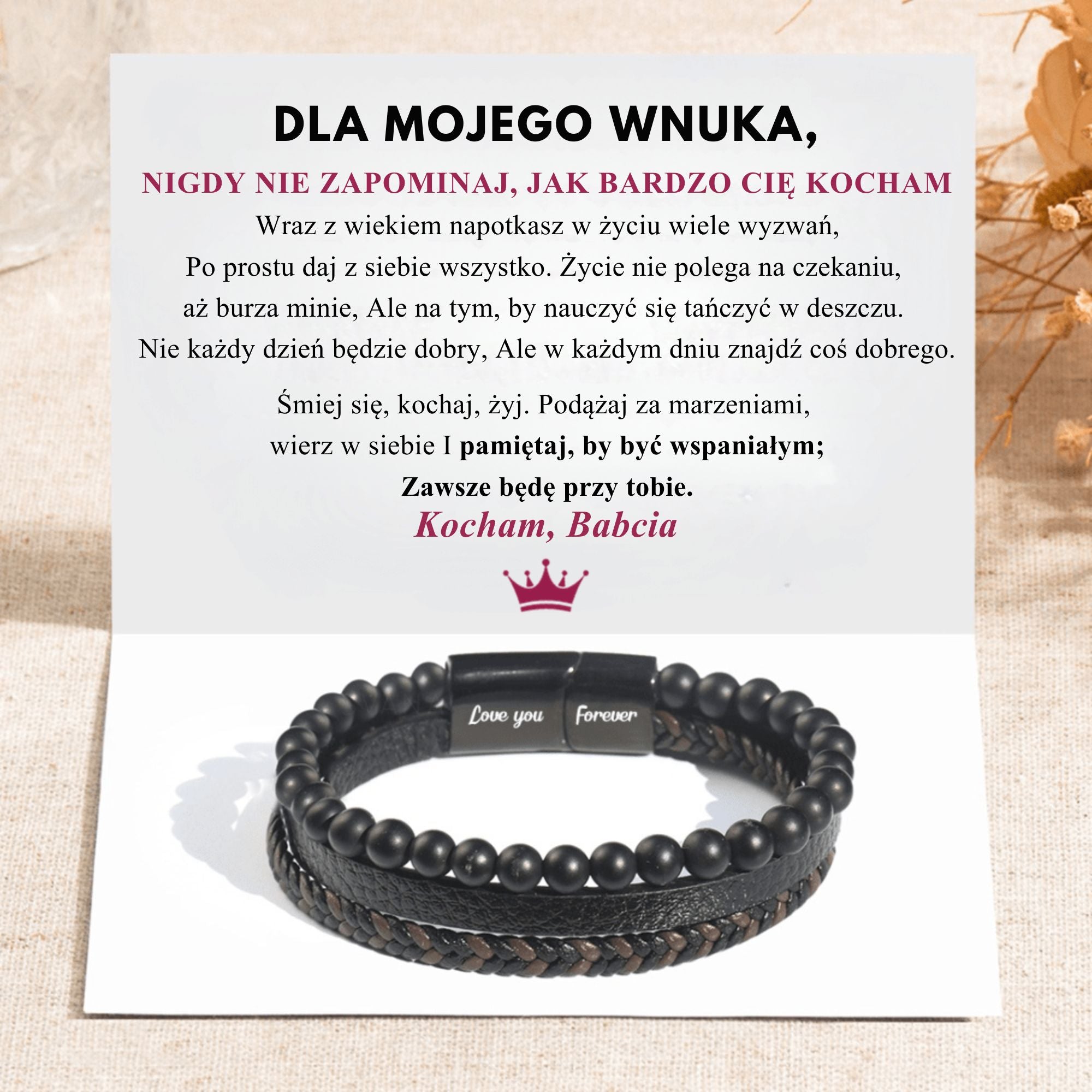 Dla Mojego Wnuka - Bransoletka Z Uspokajających Kamieni Lawowych - Kochająca Babcia