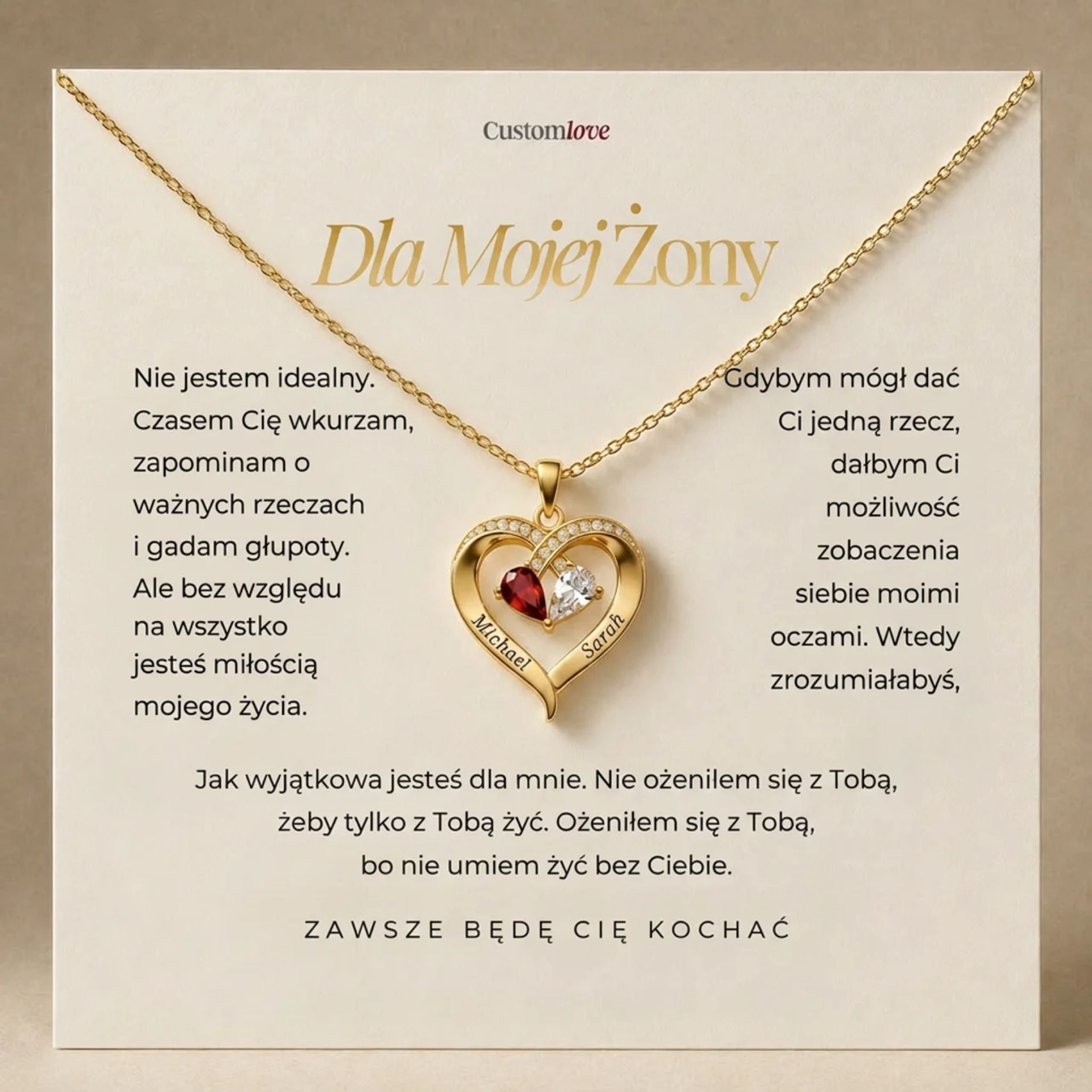 Dla Mojej Żony - Grawerowany Naszyjnik Serce z Kamieniem Urodzinowym