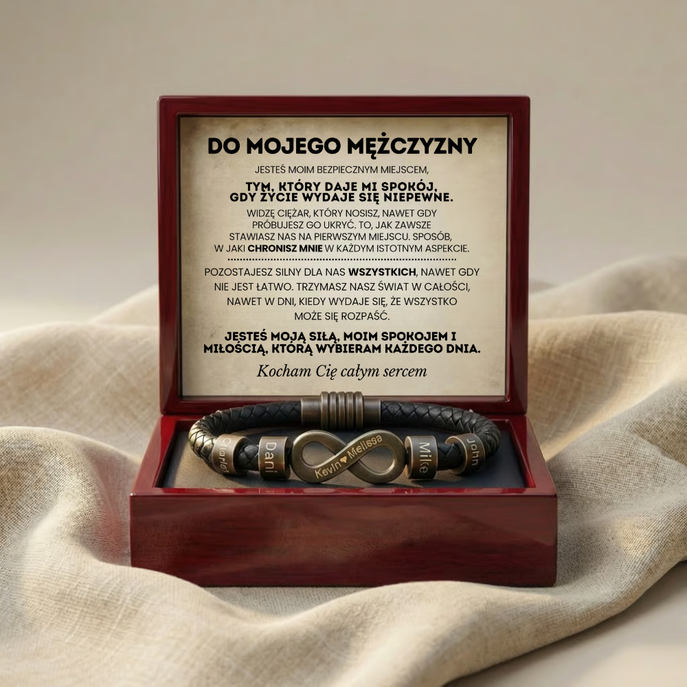 Do Mojego Mężczyzny - Grawerowana Nieskończoność Czarna Skórzana Bransoletka